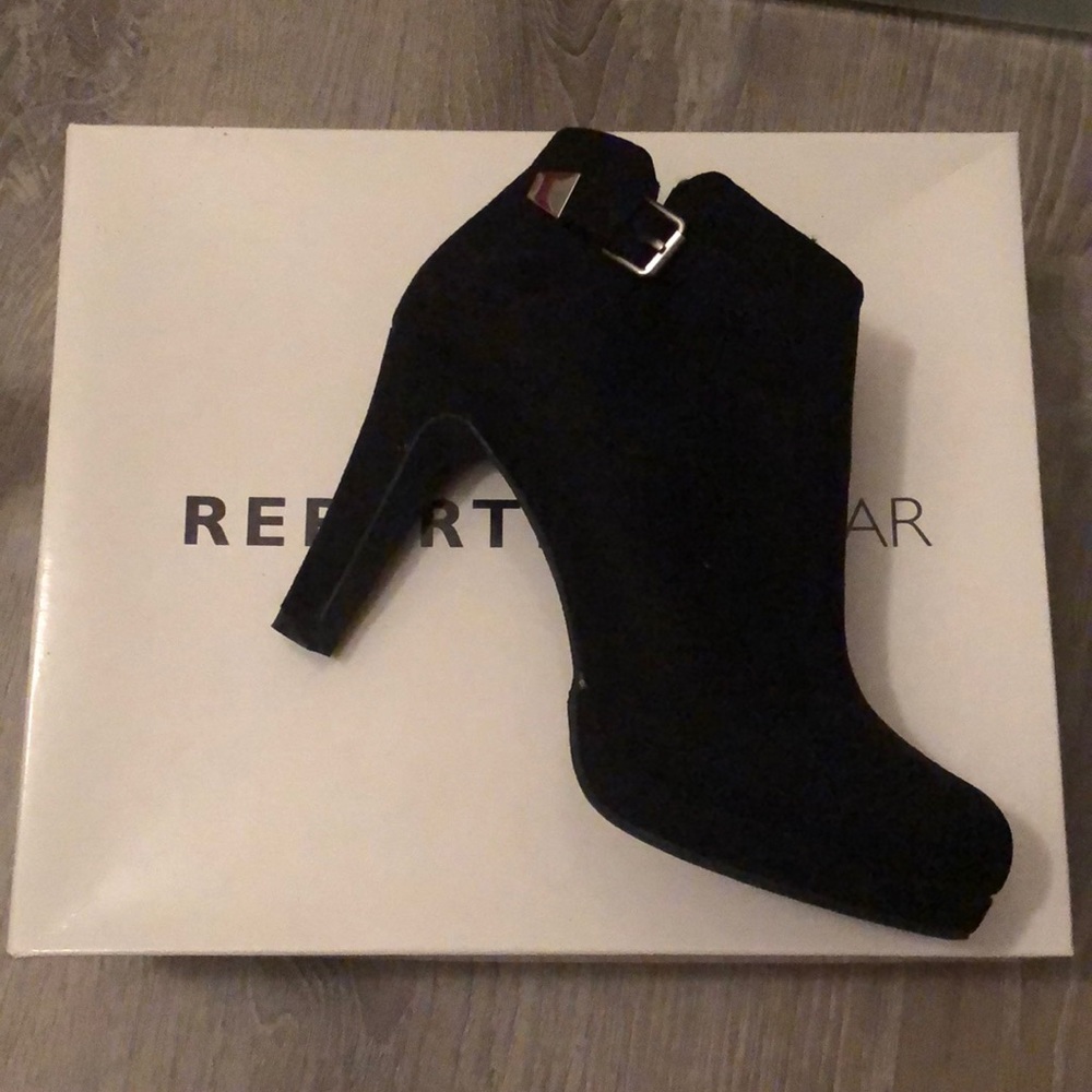 Black, suede platform heels/booties with buckle